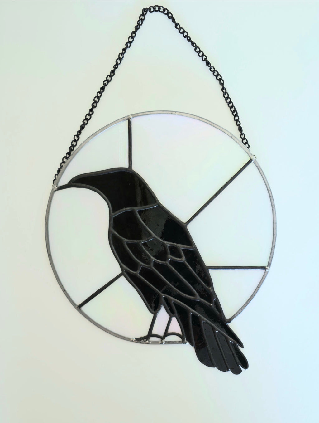 Raven Moon handcrafted black raven stained glass panel shown without backlighting